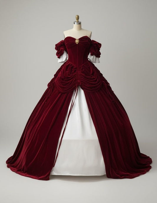NiceVestidos-Burgunderrotes Samtkleid mit weißen Einsätzen, schulterfreiem Ausschnitt, halblangen Ärmeln und bodenlangem Vintage-Stil NV6191