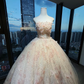 Strapless Champagne Pink Prom Dress 3D Flowers Hand Beading Lace Sequin Tulle Ball Gown  NV7048