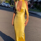 Gelbes Satin-Schnür-Neckholder-V-Ausschnitt-Bodycon-Abendkleid Ballkleid Partykleid nv1934
