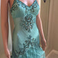 Robe de soirée longue bleue vintage en dentelle perlée et bretelles spaghetti, tenue de bal, robe de soirée, nv3540