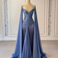 Blaues, modisches, elegantes, langes Satinkleid mit Rüschen und Strass-Trägern, Ballkleid, Abendkleid, Partykleid, NV5119
