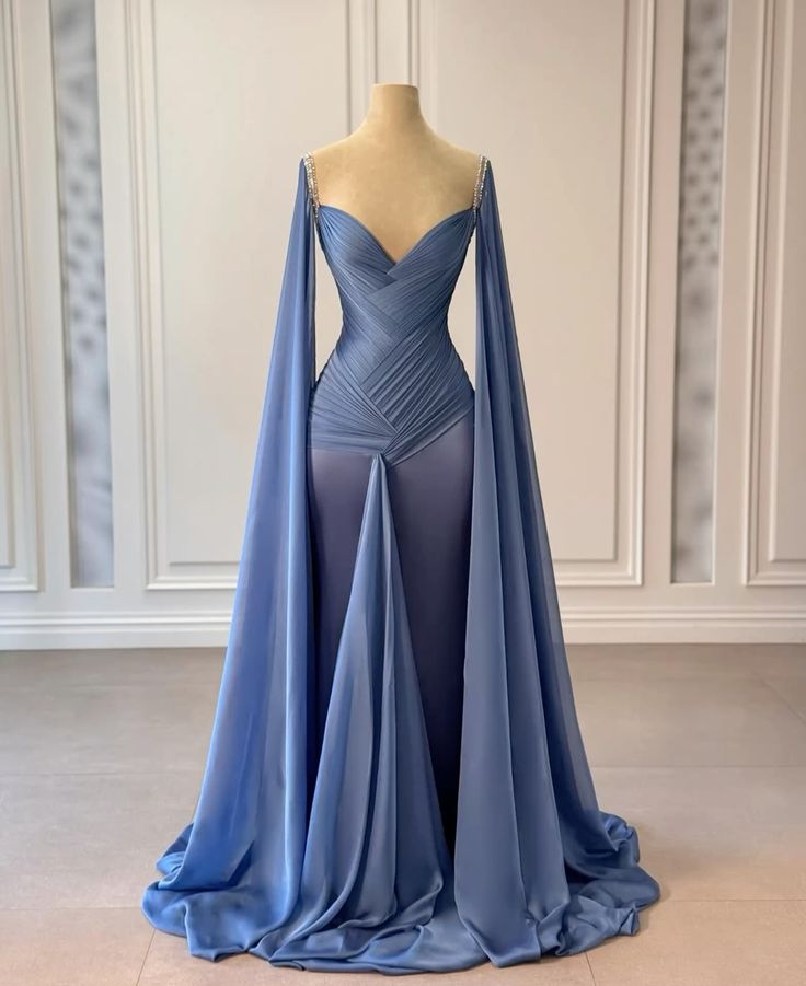 Blaues, modisches, elegantes, langes Satinkleid mit Rüschen und Strass-Trägern, Ballkleid, Abendkleid, Partykleid, NV5119