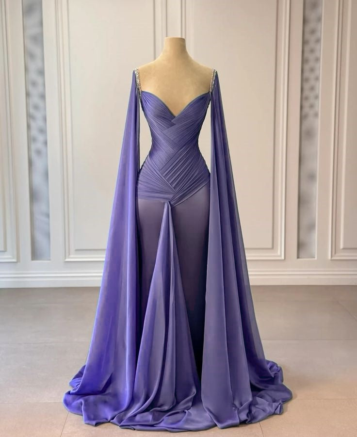 Blaues, modisches, elegantes, langes Satinkleid mit Rüschen und Strass-Trägern, Ballkleid, Abendkleid, Partykleid, NV5119