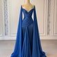 Blaues, modisches, elegantes, langes Satinkleid mit Rüschen und Strass-Trägern, Ballkleid, Abendkleid, Partykleid, NV5119