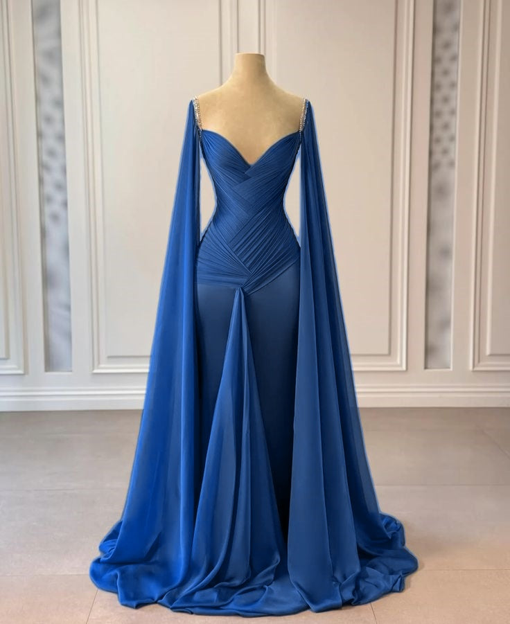 Blaues, modisches, elegantes, langes Satinkleid mit Rüschen und Strass-Trägern, Ballkleid, Abendkleid, Partykleid, NV5119