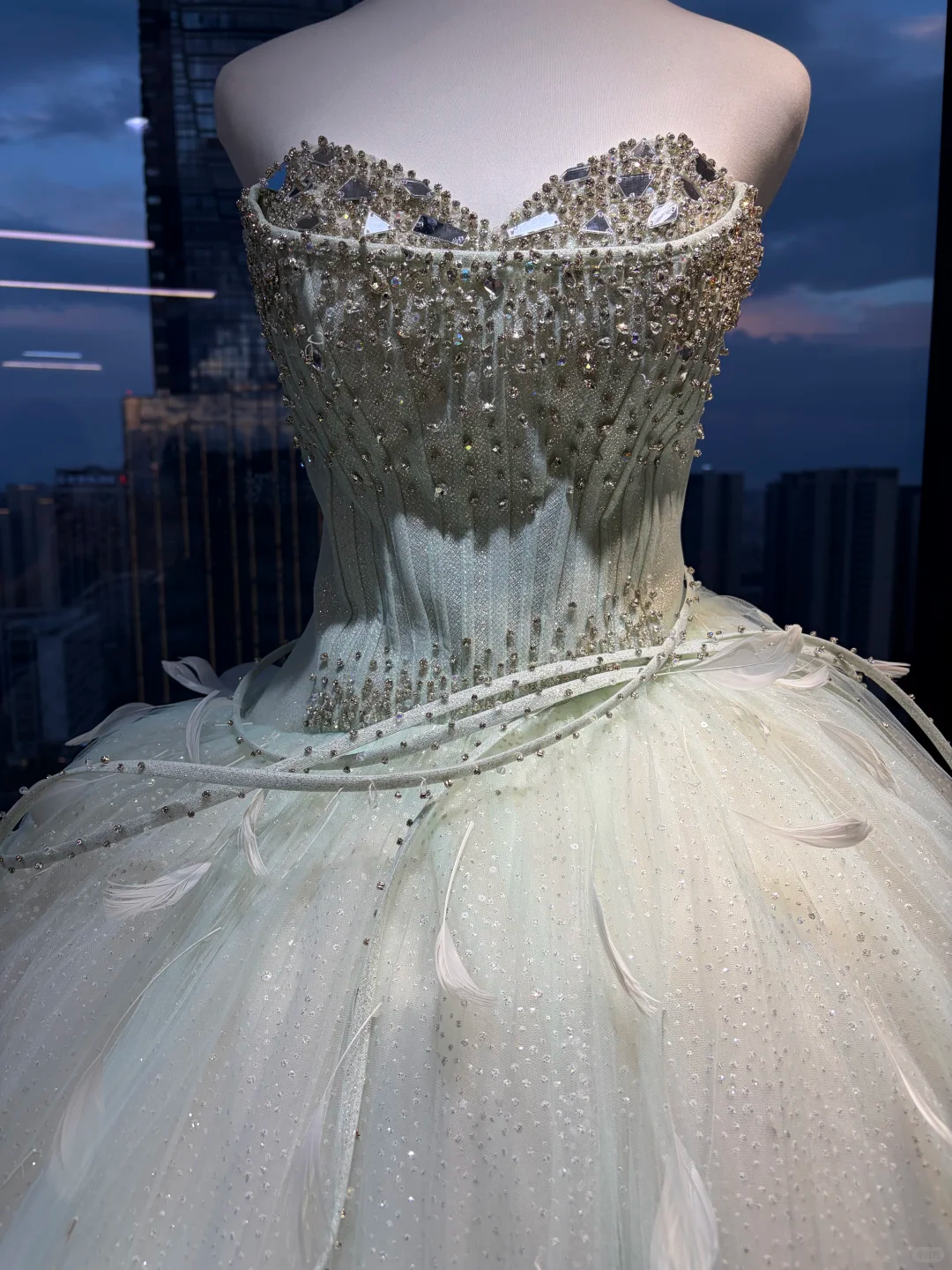 Strapless Light Mint Green Fairy Ball Gown Rhinestone Beaded Sparkle Tulle Feather Long Prom Dress  NV7028