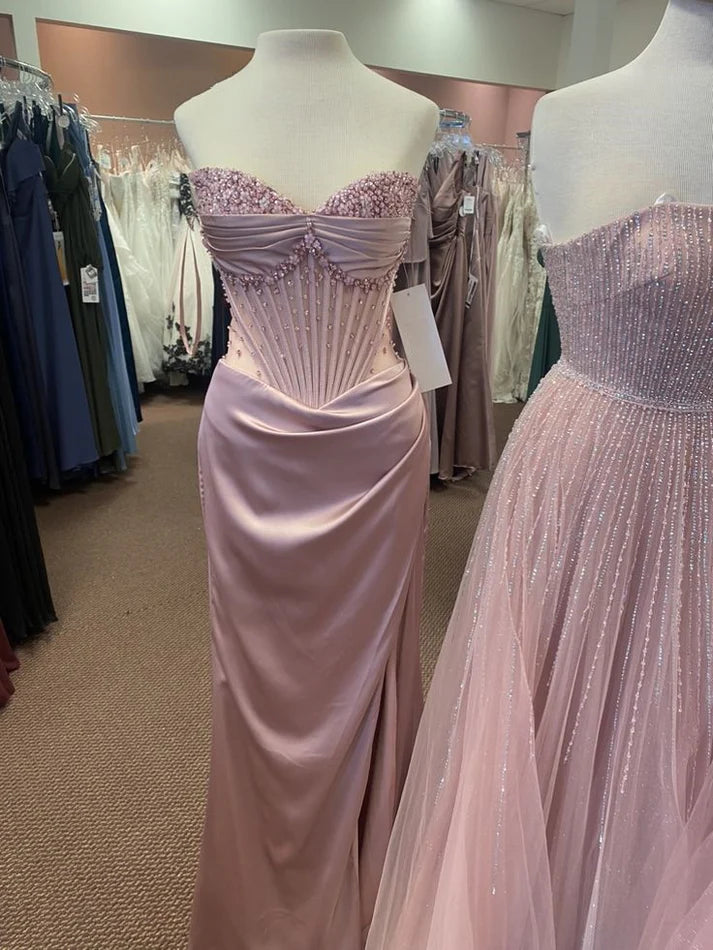 Robe de soirée longue en satin rose, magnifique, brillante, exquise, perlée, élégante et sexy, fendue, robe de bal, robe de soirée nv4146