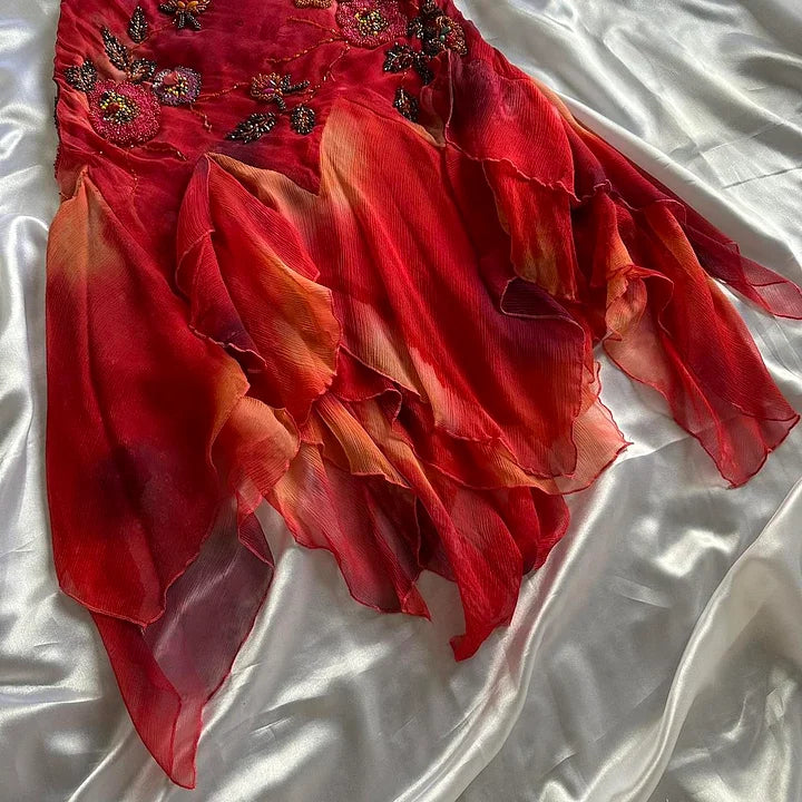 🌺✨Rotes, exquisites, mit Perlen besetztes, elegantes, langes Chiffon-Ballkleid im Retro-Stil, Partykleid NV5351