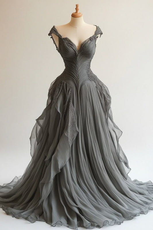 Graues, florales, elegantes, langes Ballkleid aus Feentüll, nv4840