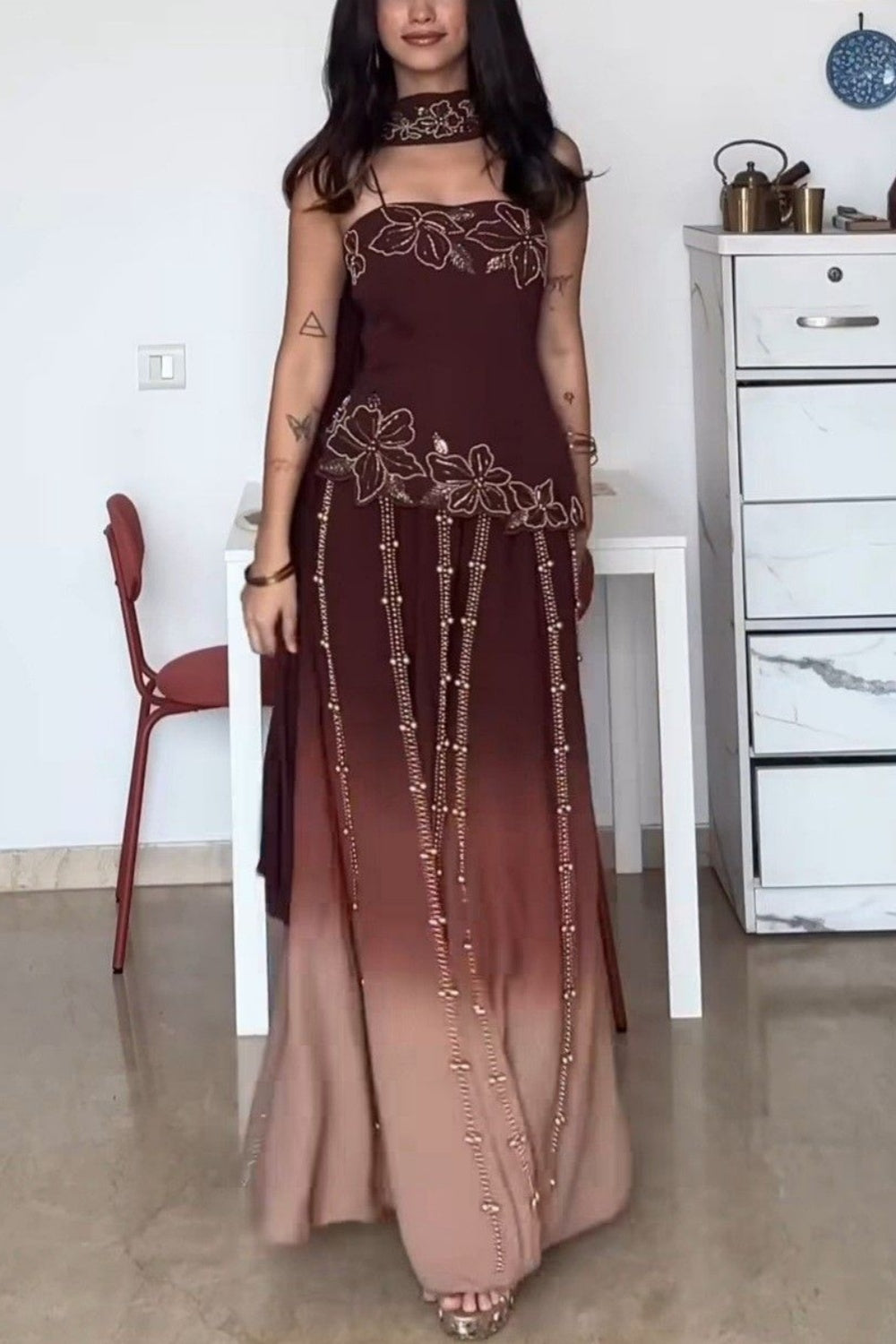 NiceVestidos - Robe de bal longue en mousseline de soie, élégante et tendance, dégradé noir/marron, style rétro, avec perles florales exquises, NV5853