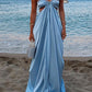 Robe de soirée longue en satin bleu à bretelles élégantes et épaules dénudées nv5215