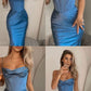 Robe de soirée courte plissée en satin bleu simple et élégante, robe de soirée, robe de fête d'anniversaire, robe de retour nv1920