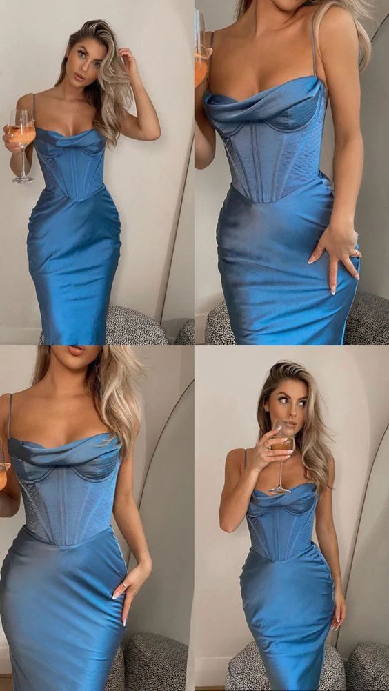 Robe de soirée courte plissée en satin bleu simple et élégante, robe de soirée, robe de fête d'anniversaire, robe de retour nv1920