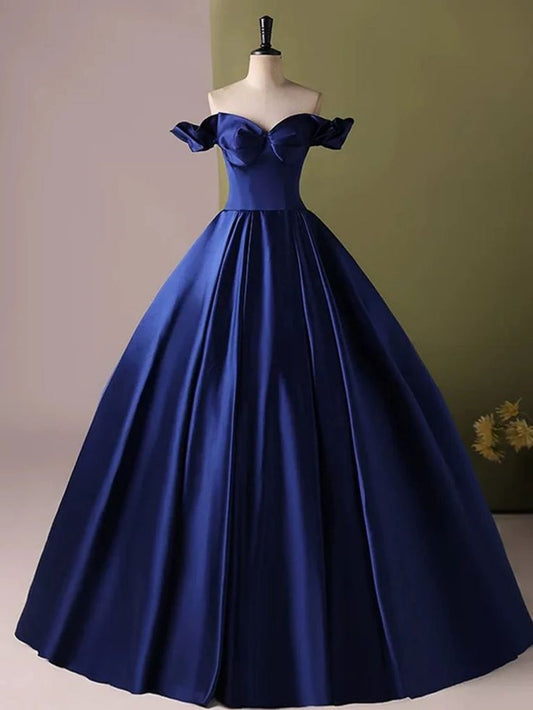 Blue strapless elegant simple A-line long satin ball gown evening dress nv3248