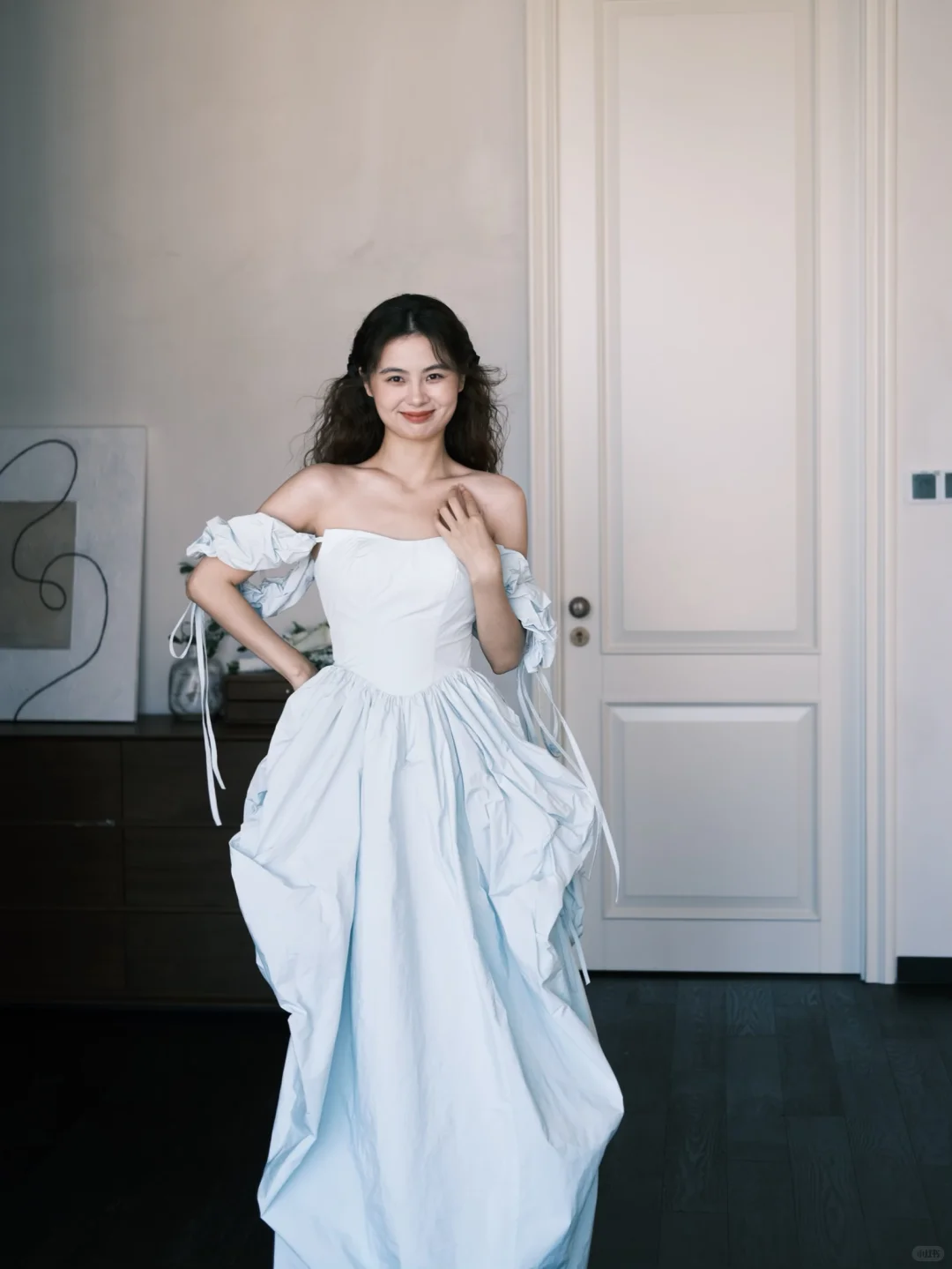 Light Blue Off Shoulder Detachable Puff Sleeve Prom Ball Gown  NV7372