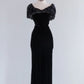 NiceVestidos--Dignified Mother Style Black Velvet Lace - Trimmed Short Sleeve Mid-Length Mother of Bride Dress NV5810