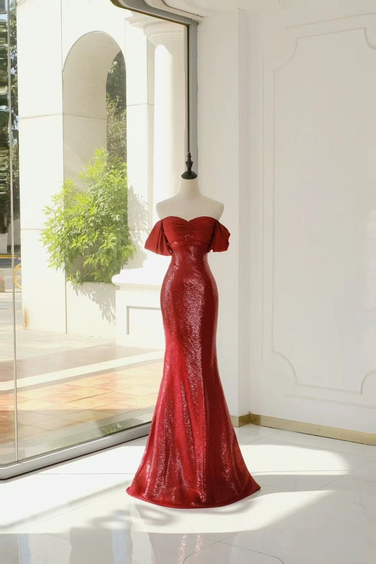 Red short sleeve elegant shiny sequin long ball gown evening dress party dress nv2953