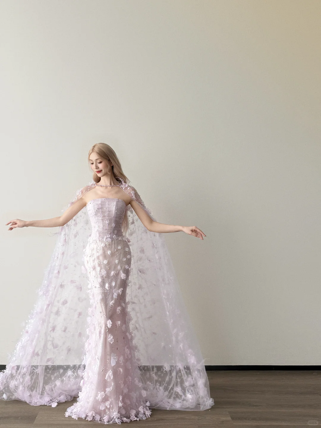 Strapless Lavender Mermaid Prom Dress With 3D Floral Cape  NV7119