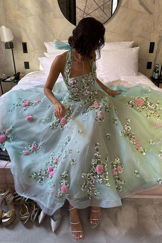 Green Gorgeous Exquisite Floral Embroidery Applique A-Line Long Tulle Prom Gown Evening Dress Party Dress nv3439