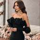 Schwarzes, gerüschtes, langärmliges, einschultriges, schulterfreies, langes Ballkleid, Abendkleid, Partykleid, NV2391