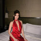 Red Fashion Sexy Deep V Neck Backless Long Satin Ball Gown Evening Dress Christmas Holiday Party Dress nv3073