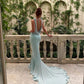 Light blue simple and elegant flowing V-neck low-cut long ribbons galore dress to impress ball dress evening dress Wedding dresses for guests party dress nv2576