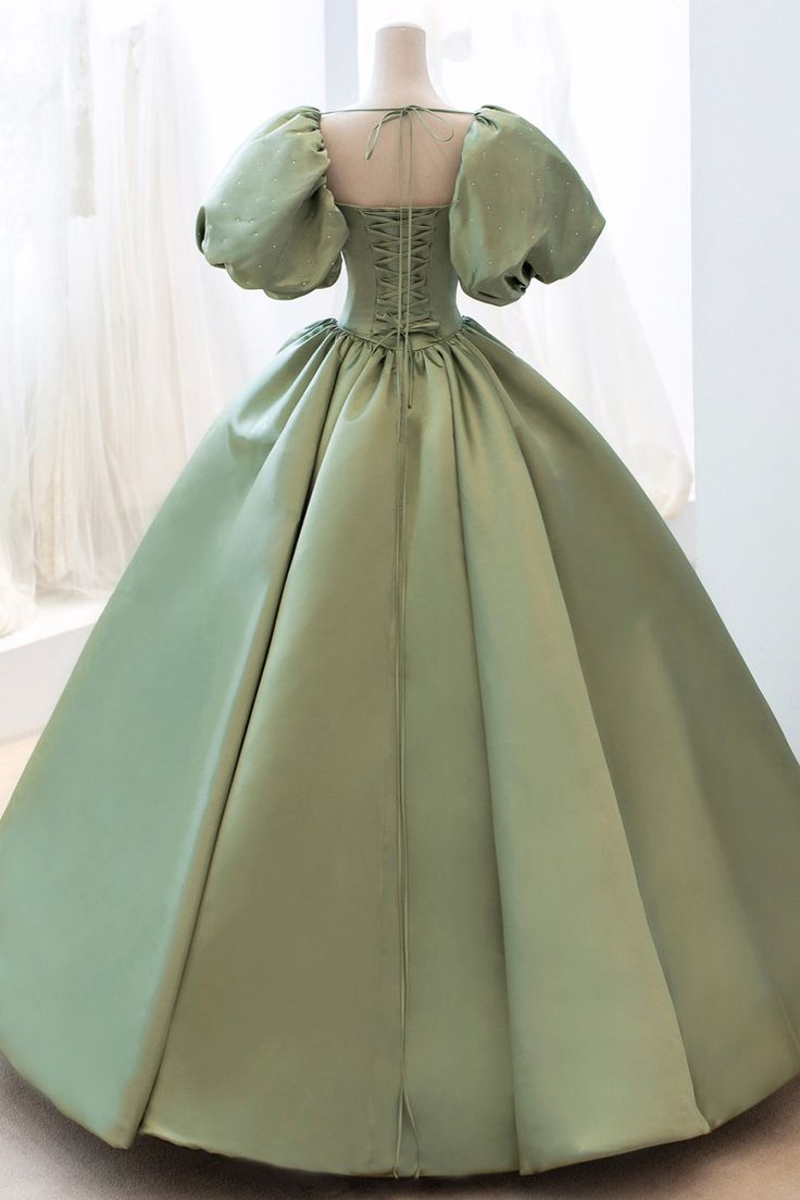 Green Sweet Elegant A-line Long Satin Short Sleeves Prom Dress Evening Dress Birthday Dress Graduation Dress nv74