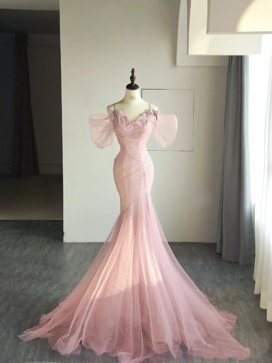 Pink Spaghetti Strap Short Sleeve Elegant Tulle Long Mermaid Slim Ball Gown Evening Dress Party Dress nv3253