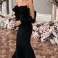 Schwarzes, gerüschtes, langärmliges, einschultriges, schulterfreies, langes Ballkleid, Abendkleid, Partykleid, NV2391