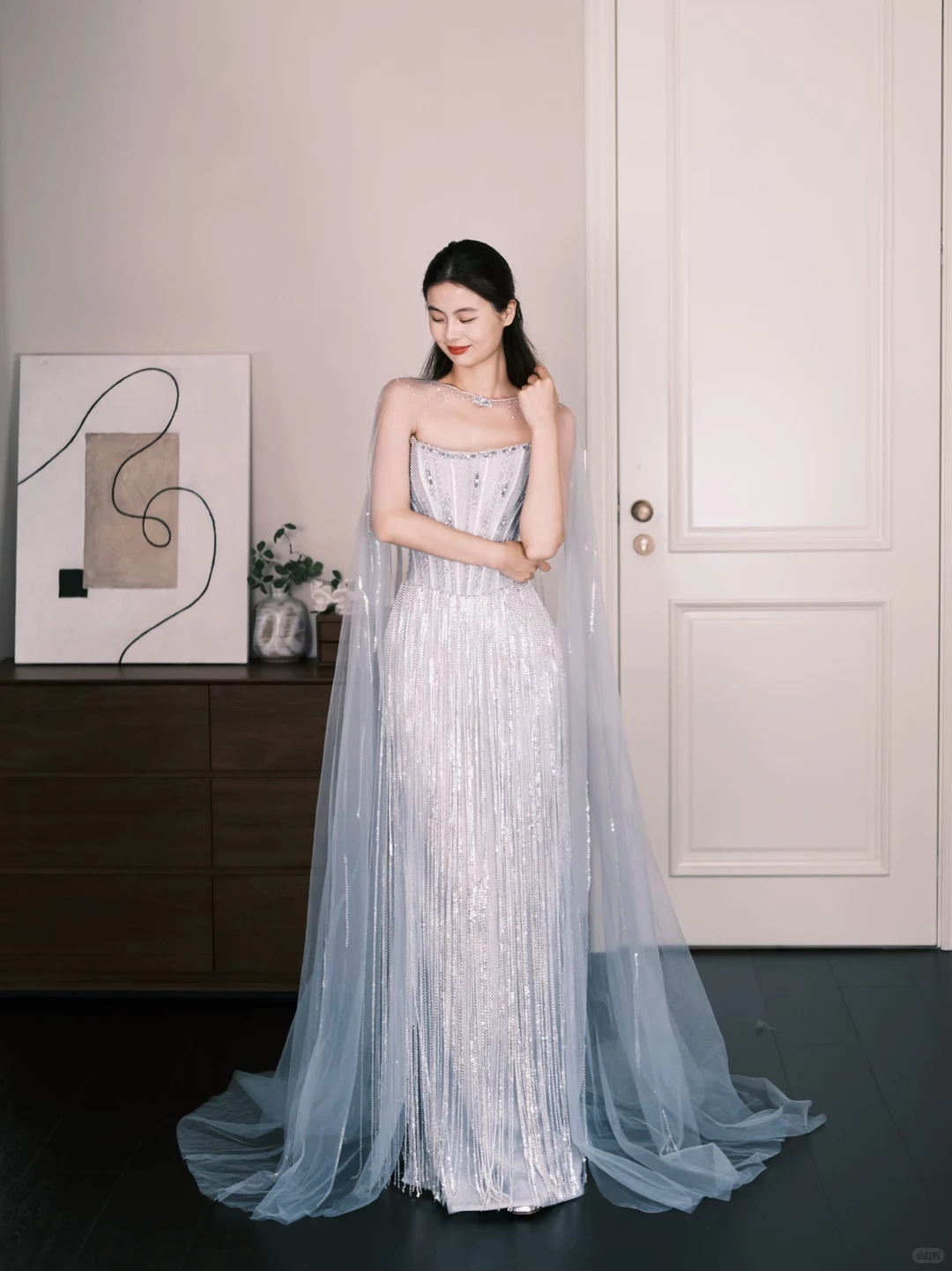 Light Silver Beaded Fringe Mermaid Prom Gown With Sheer Tulle Cape  NV7276