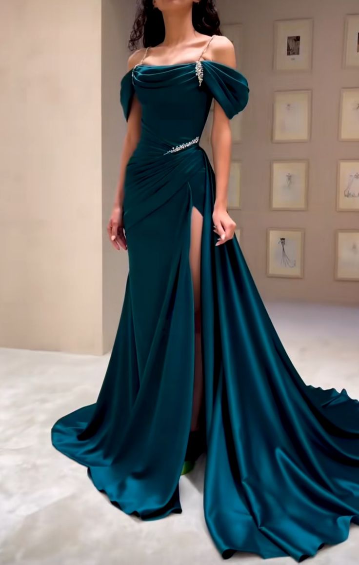 Dark green elegant fashion rhinestone chain strapless shoulder long slit evening dress prom dress nv2636