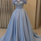 Blue Sweet Elegant A-line Off-shoulder Long Prom Dress Graduation Party Dress nv2943