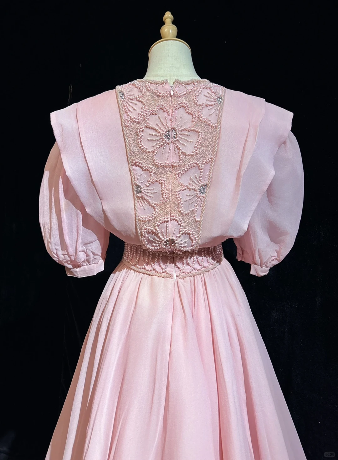 Dusty Pink Puff Short Sleeve Vintage Midi Dress Hand Beaded Floral Embroidery Flowy Chiffon A-Line Tea Length Gown  NV6893