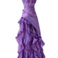 Robe de soirée longue en satin violet foncé, élégante et raffinée, à bretelles spaghetti et perles, style rétro, nv3627
