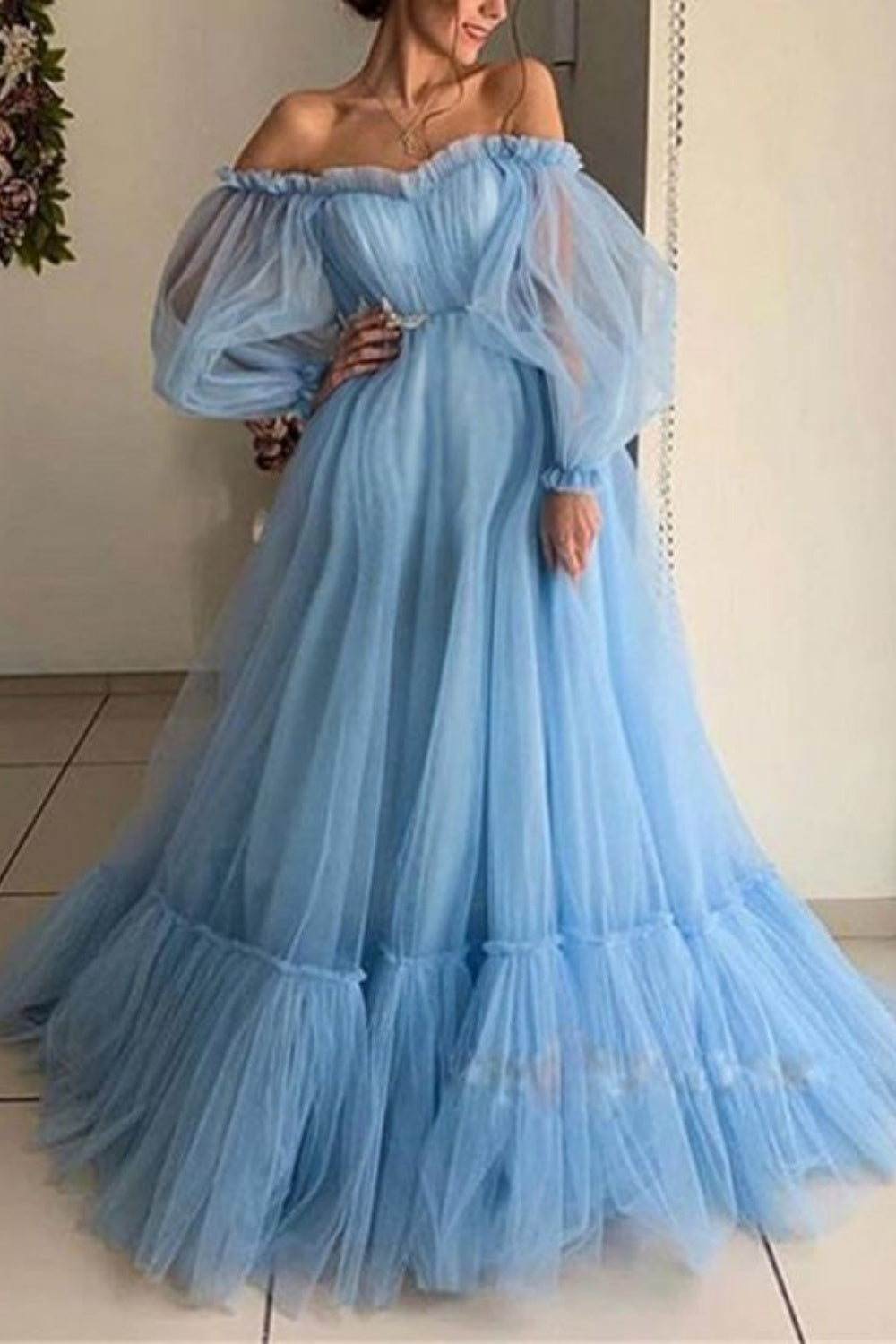 Blue stylish elegant long tulle puff sleeves ball gown evening dress nv3216