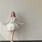 White Halter Deep V Bubble Mini Wedding Dress With 3D Flower  NV7142