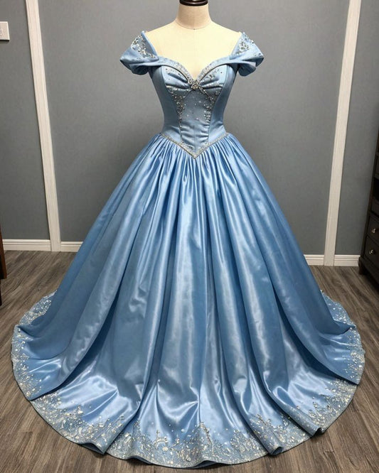 Hellblaues Pailletten-Ballkleid mit schulterfreiem Ausschnitt: Herzförmiger Ausschnitt, tailliertes Modell, Abendkleid im Feen-Stil NV6430