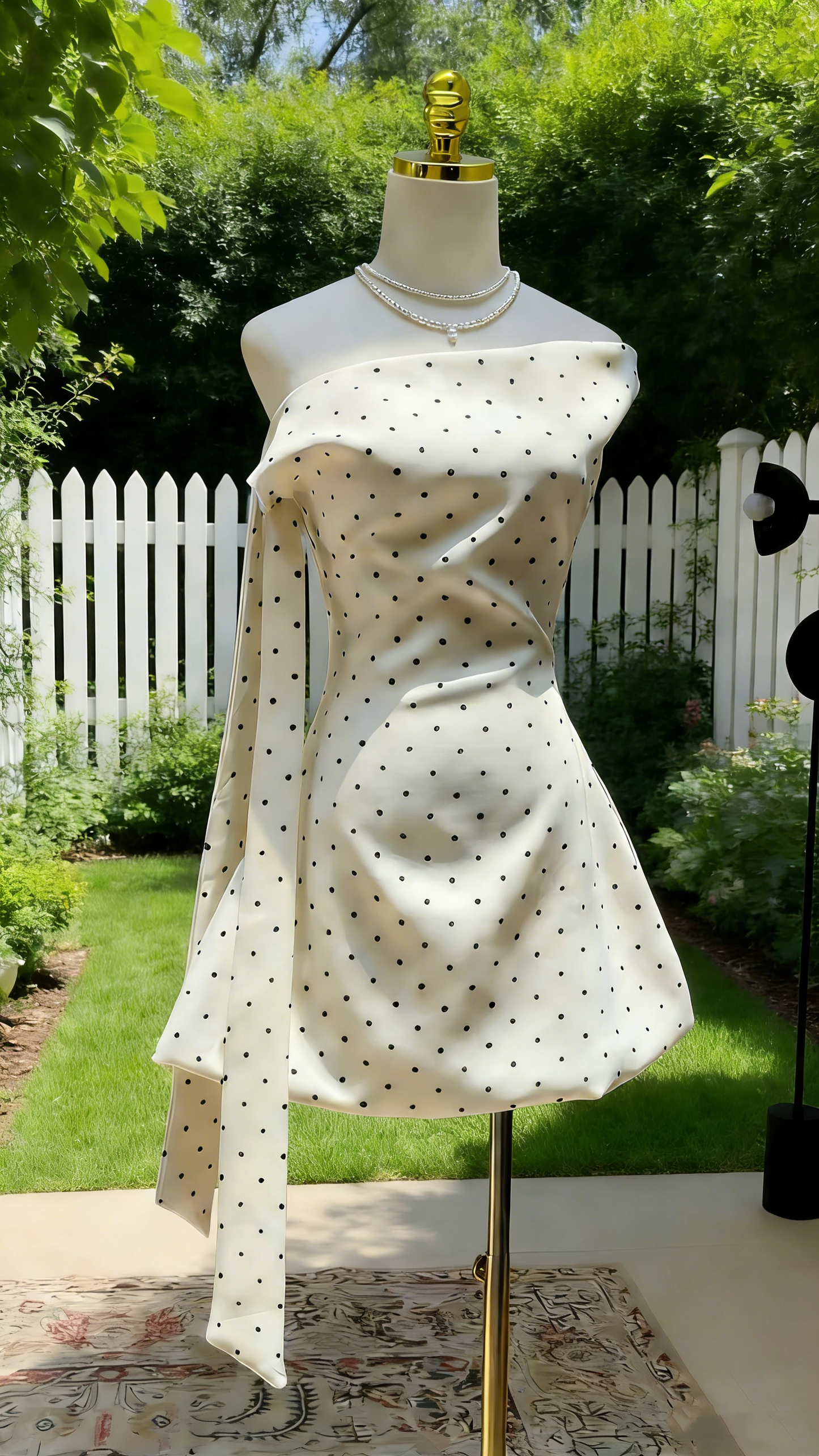 Weiß-schwarz gepunktetes One-Shoulder-Kleid mit Schärpe, schmal geschnitten, ideal für Partys, Dates oder leichte Abendveranstaltungen (NV6808)