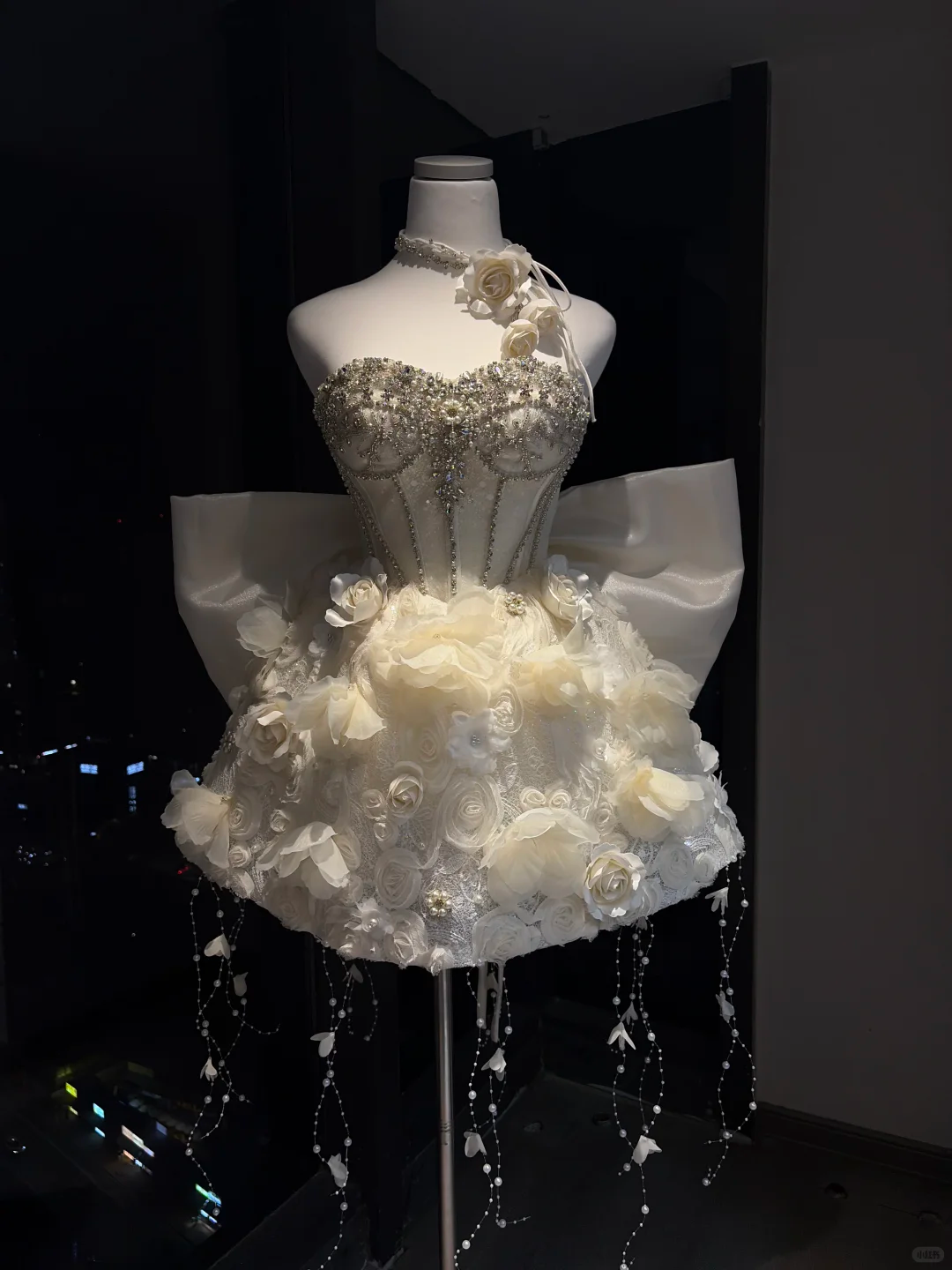 Ivory Strapless Short Corset Formal Gown 3D Floral Rhinestone Pearl Chain Homecoming Dress  NV6953