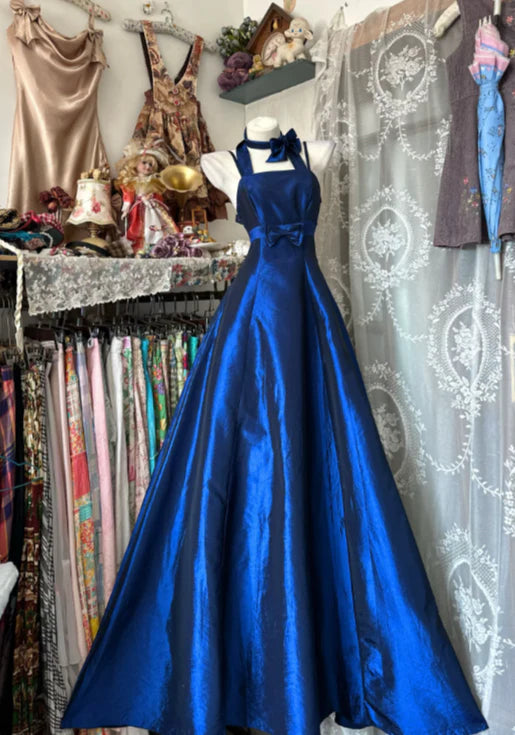NiceVestidos - Robe de soirée trapèze sans manches en satin bleu foncé, longueur au sol, NV5772