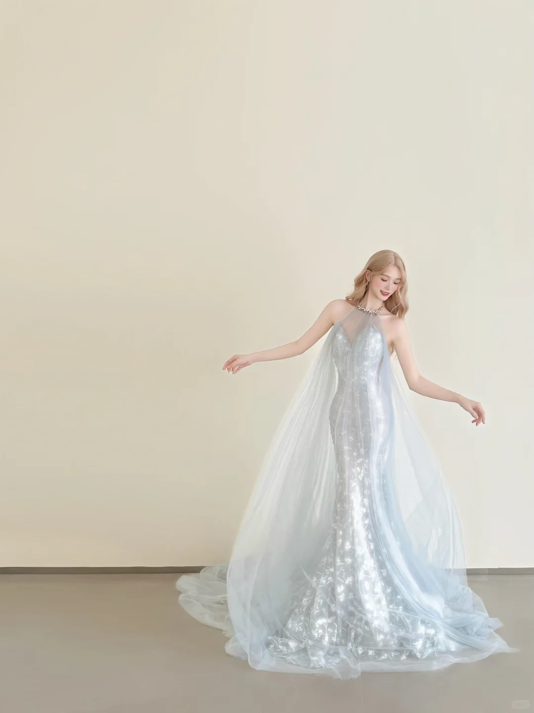Light Ice Blue Halter Mermaid Prom Gown Sequin Embroidery Detachable Tulle Cape  NV7173