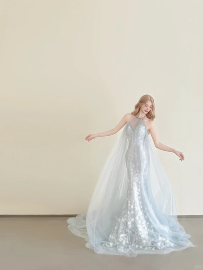 Light Ice Blue Halter Mermaid Prom Gown Sequin Embroidery Detachable Tulle Cape  NV7173