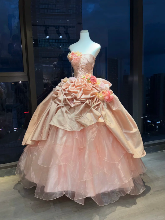 Strapless Blush Pink Princess Ball Gown 3D Flowers Ruffled Satin Tiered Tulle Pearl Chain Long Prom Wedding Dress  NV6975