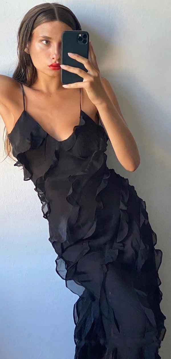Robe de soirée longue noire à bretelles spaghetti et volants style sirène, robe d'invité de mariage, robe de bal, robe de soirée nv1952