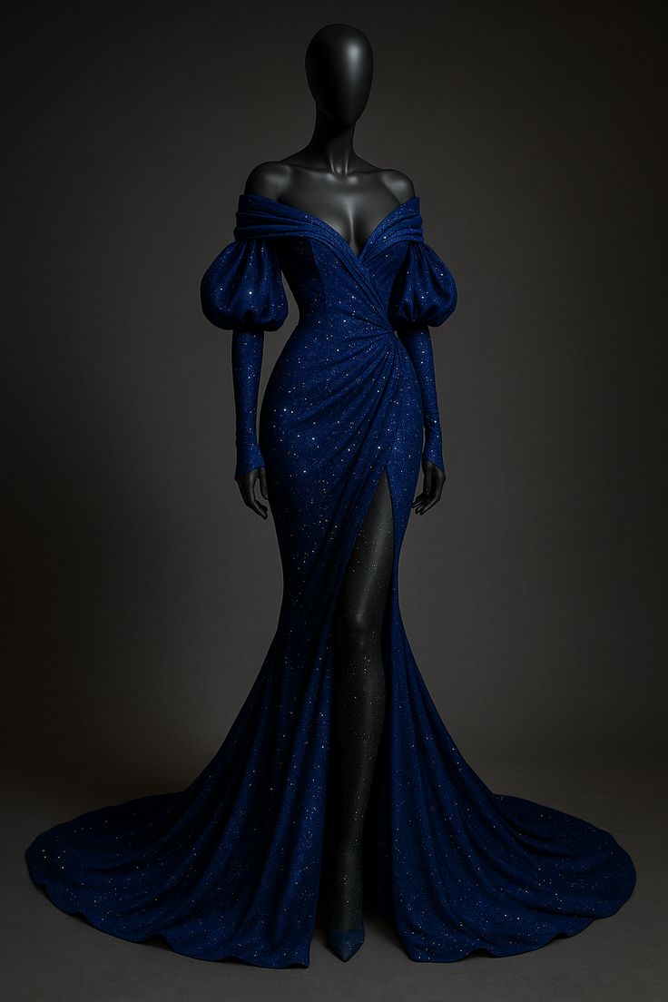Königsblau glänzendes elegantes Satin bodenlanges Meerjungfrau-Schlitz-Ballkleid Abendkleid NV5125