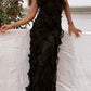 Robe de soirée longue noire à bretelles spaghetti et volants style sirène, robe d'invité de mariage, robe de bal, robe de soirée nv1952