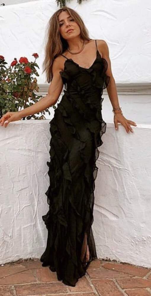 Robe de soirée longue noire à bretelles spaghetti et volants style sirène, robe d'invité de mariage, robe de bal, robe de soirée nv1952