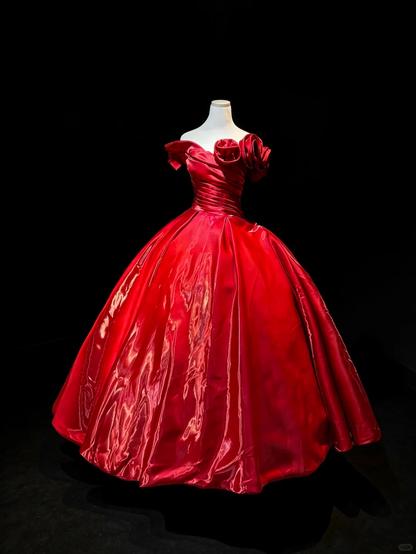 Off Shoulder Bright Red Satin Prom Dress 3D Rose Ruching Glossy Ball Gown  NV6983
