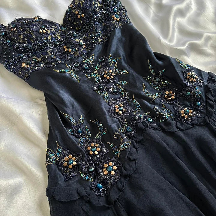 Marineblaues, dunkles, kurzes Vintage-Satin-Heimkehrkleid, nv5352