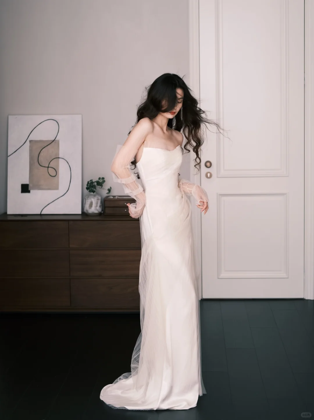 Strapless Satin Minimalist Wedding Dress, Ivory Bridal Gown with Tulle Sleeves  NV7281